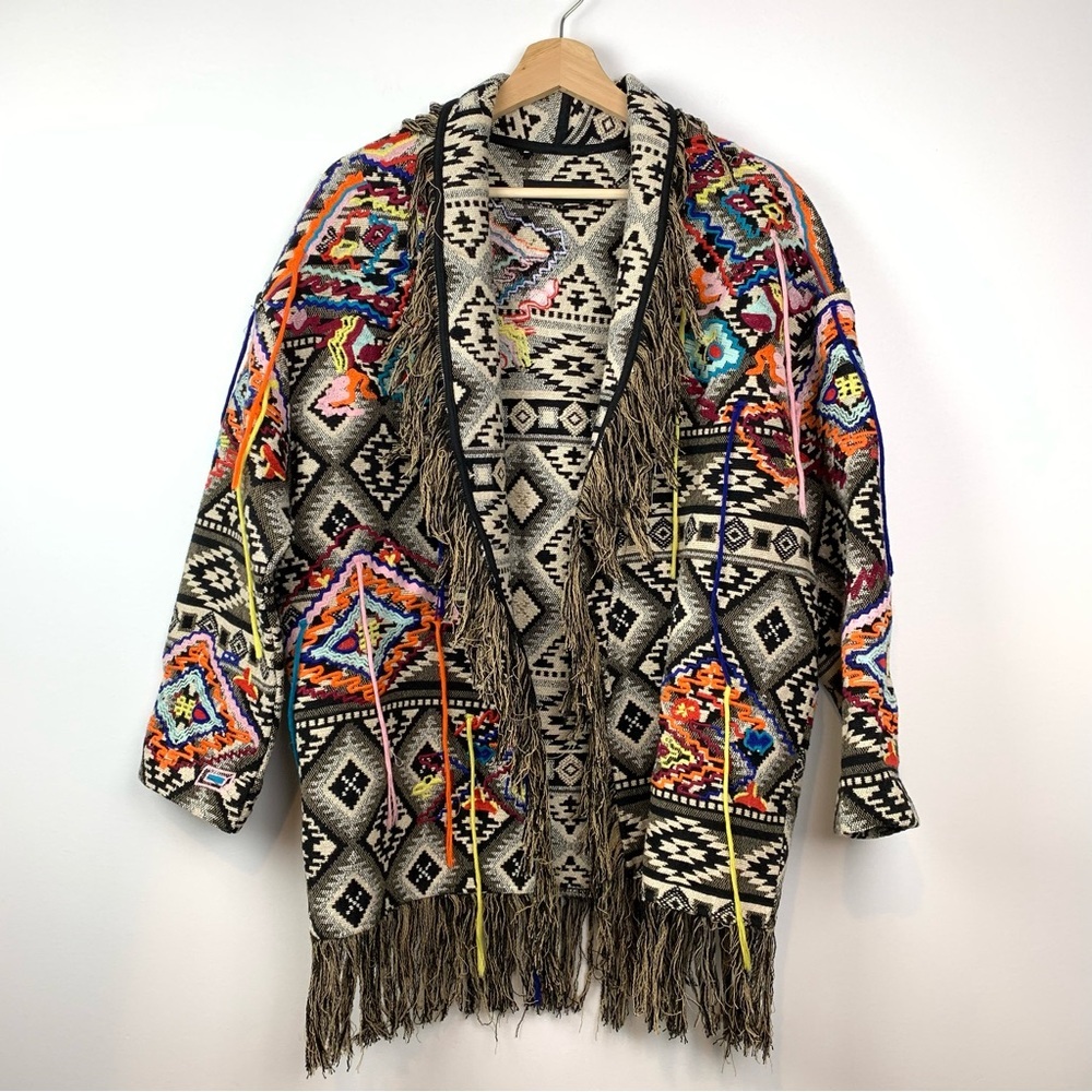 Zara Open Cardigan Jacket Tapestry Fringes Sz XS Oversized Multicolor Aztec Boho
